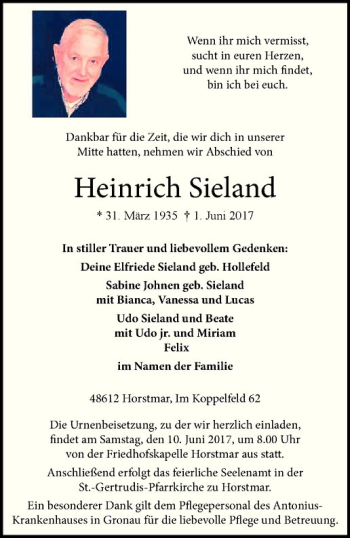 Anzeige von Heinrich Sieland von Westfälische Nachrichten