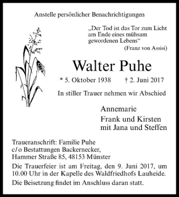 Anzeige von Walter Puhe von Westfälische Nachrichten