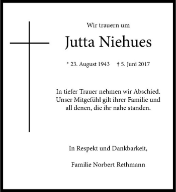 Anzeige von Jutta Niehues von Westfälische Nachrichten