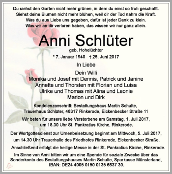 Anzeige von Anni Schlüter von Westfälische Nachrichten