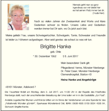Anzeige von Brigitte Hanke von Westfälische Nachrichten