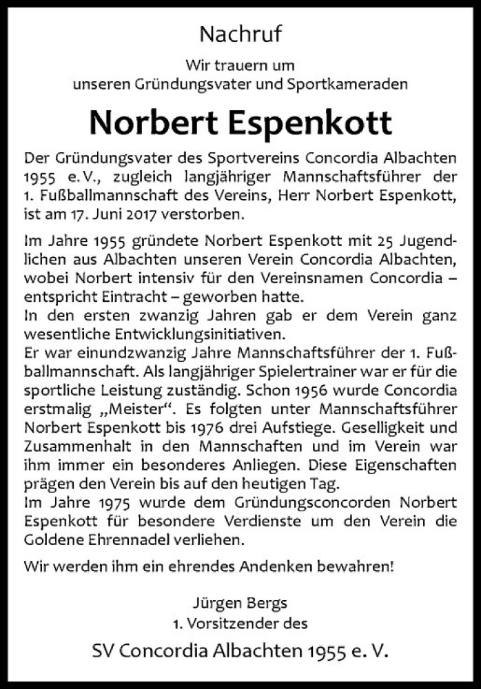  Traueranzeige für Norbert Espenkott vom 22.06.2017 aus Westfälische Nachrichten