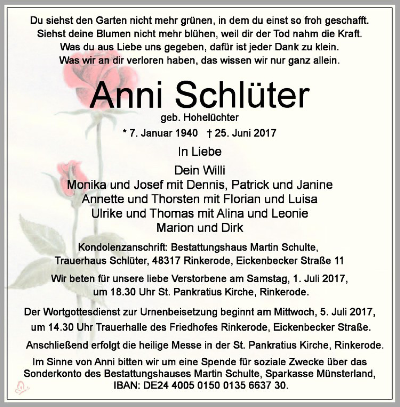  Traueranzeige für Anni Schlüter vom 29.06.2017 aus Westfälische Nachrichten