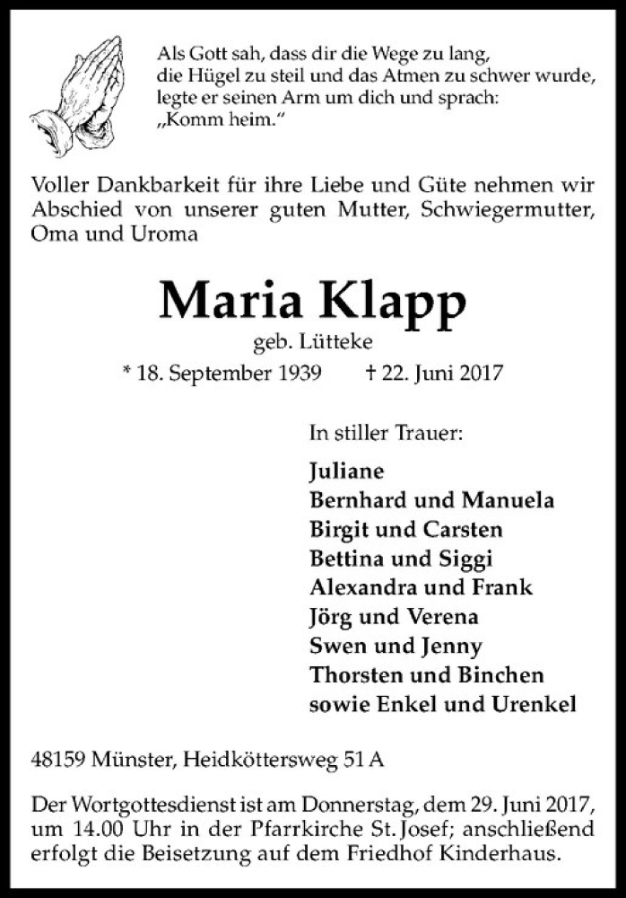  Traueranzeige für Maria Klapp vom 24.06.2017 aus Westfälische Nachrichten