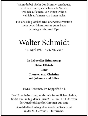 Anzeige von Walter Schmidt von Westfälische Nachrichten