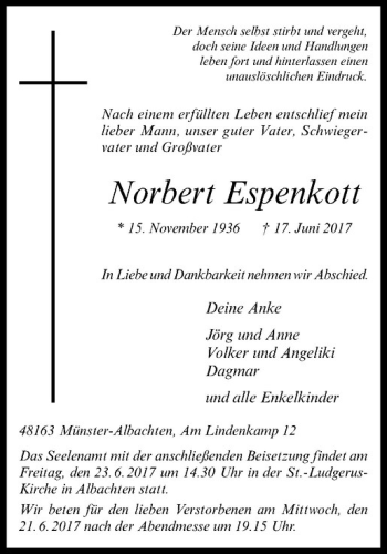 Anzeige von Norbert Espenkott von Westfälische Nachrichten