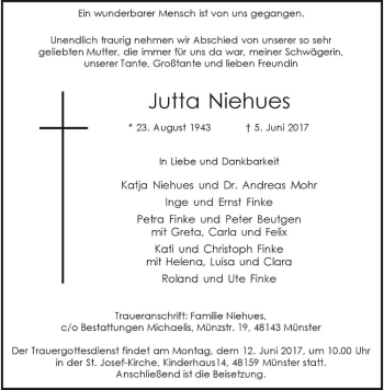 Anzeige von Jutta Niehues von Westfälische Nachrichten