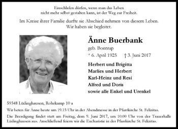 Anzeige von Änne Buerbank von Westfälische Nachrichten