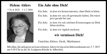 Anzeige von Helene Ahlers von Westfälische Nachrichten
