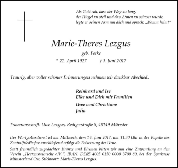 Anzeige von Marie-Theres Lezgus von Westfälische Nachrichten