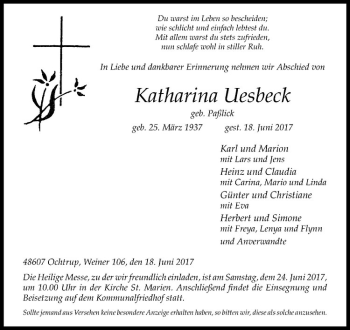 Anzeige von Katharina Uesbeck von Westfälische Nachrichten