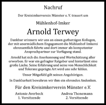Anzeige von Arnold Terwey von Westfälische Nachrichten