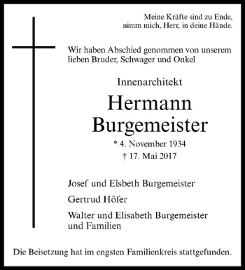 Anzeige von Hermann Burgemeister von Westfälische Nachrichten