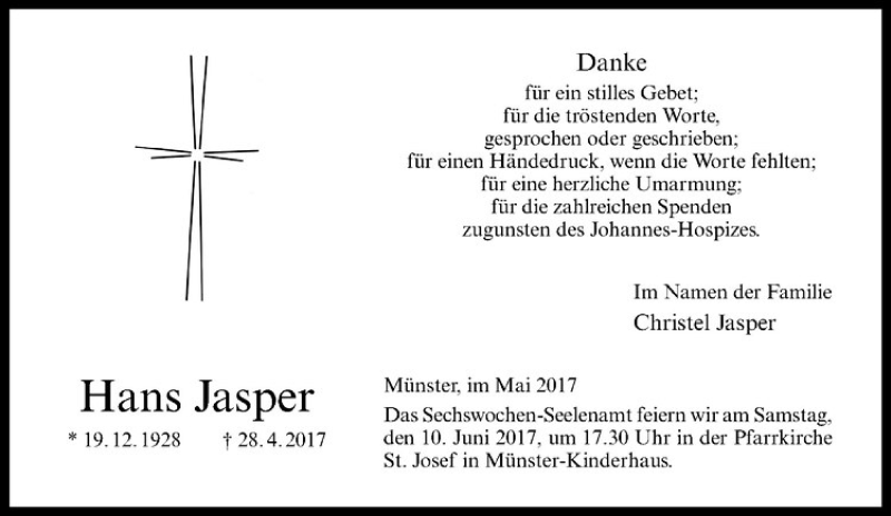  Traueranzeige für Hans Jasper vom 03.06.2017 aus Westfälische Nachrichten