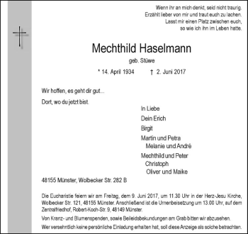 Anzeige von Mechthild Haselmann von Westfälische Nachrichten