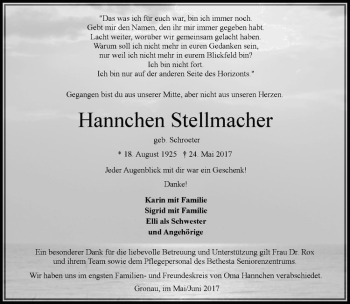 Anzeige von Hannchen Stellmacher von Westfälische Nachrichten