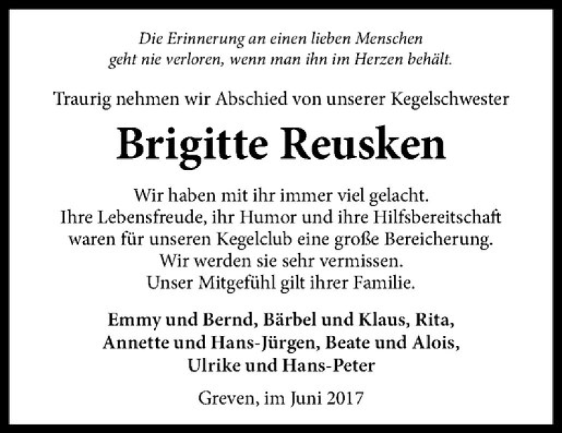  Traueranzeige für Brigitte Reusken vom 17.06.2017 aus Westfälische Nachrichten