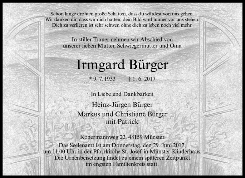  Traueranzeige für Irmgard Bürger vom 21.06.2017 aus Westfälische Nachrichten