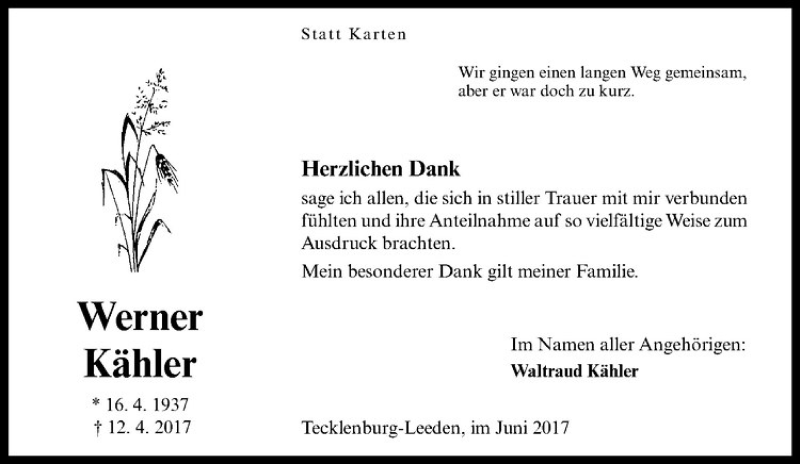  Traueranzeige für Werner Kähler vom 14.06.2017 aus Westfälische Nachrichten