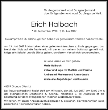 Anzeige von Erich Halbach von Westfälische Nachrichten