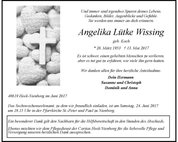 Anzeige von Angelika Lütke Wissing von Westfälische Nachrichten