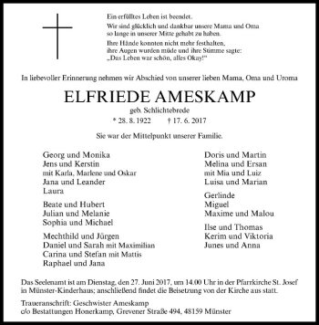 Anzeige von Elfriede Ameskamp von Westfälische Nachrichten