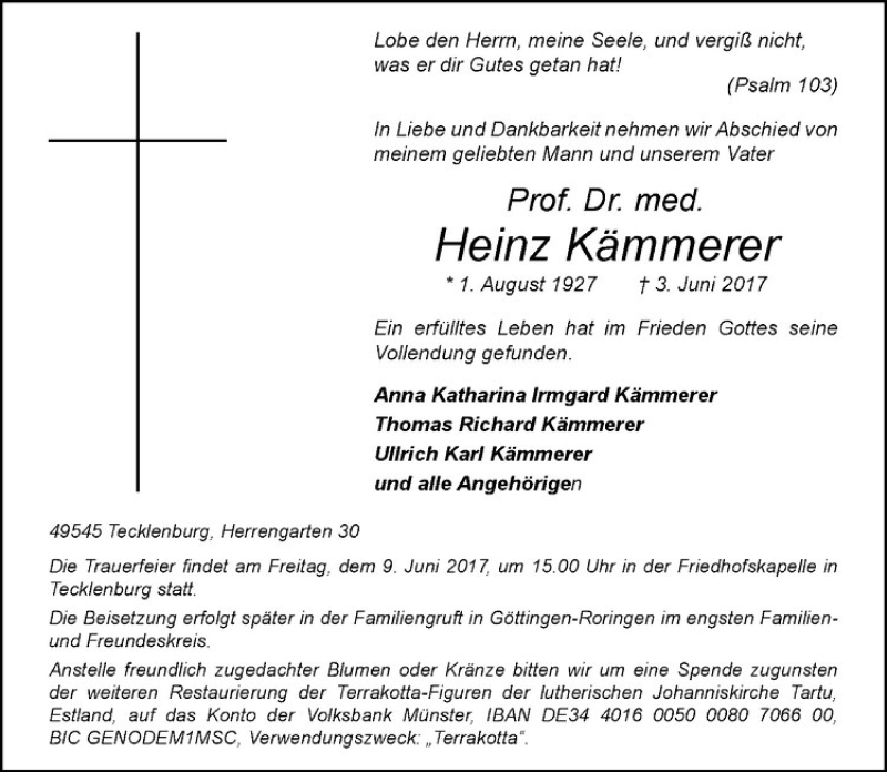  Traueranzeige für Heinz Kämmerer vom 08.06.2017 aus Westfälische Nachrichten