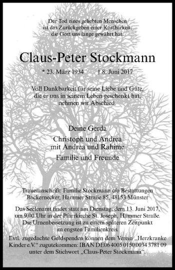 Anzeige von Claus-Peter Stockmann von Westfälische Nachrichten