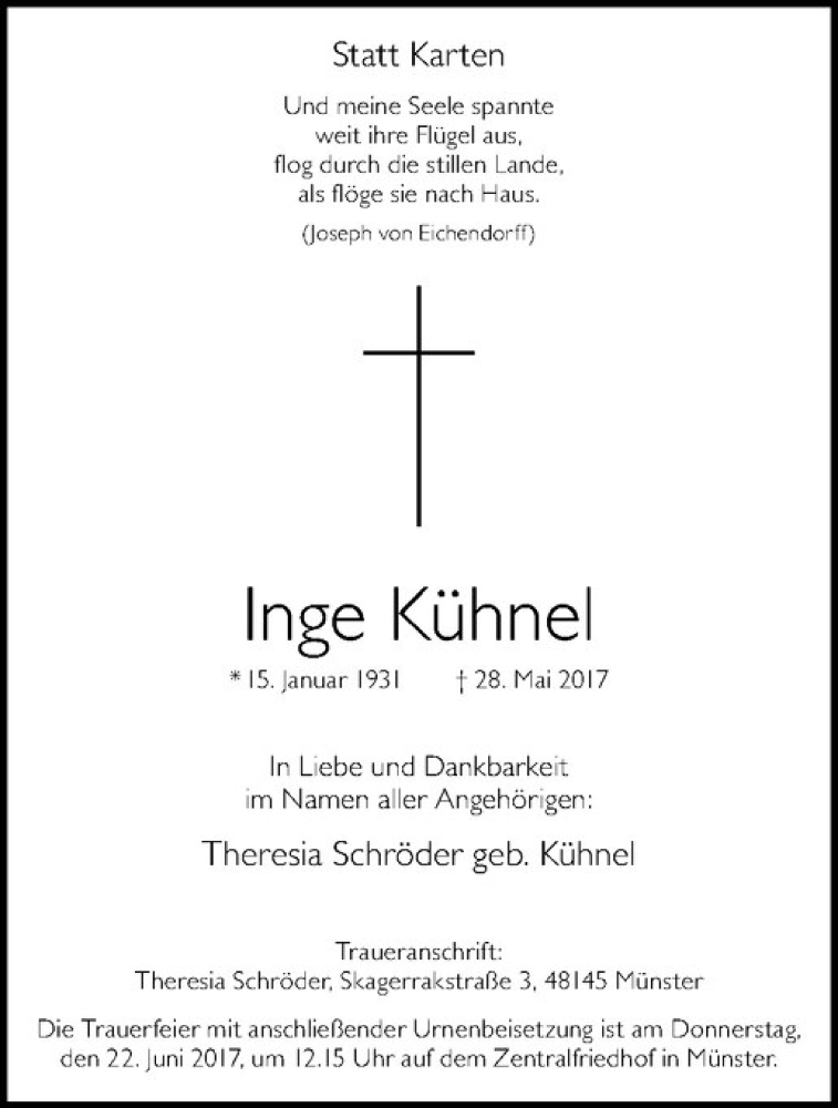  Traueranzeige für   vom 15.06.2017 aus Westfälische Nachrichten