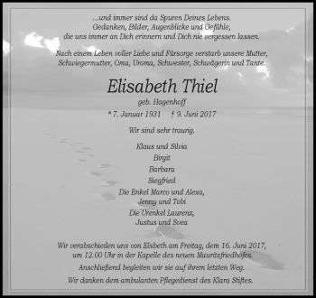 Anzeige von Elisabeth Thiel von Westfälische Nachrichten