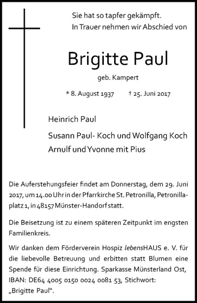  Traueranzeige für Brigitte Paul vom 28.06.2017 aus Westfälische Nachrichten