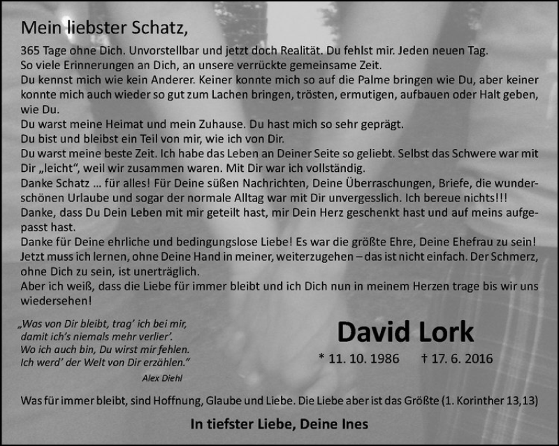  Traueranzeige für David Lork vom 17.06.2017 aus Westfälische Nachrichten
