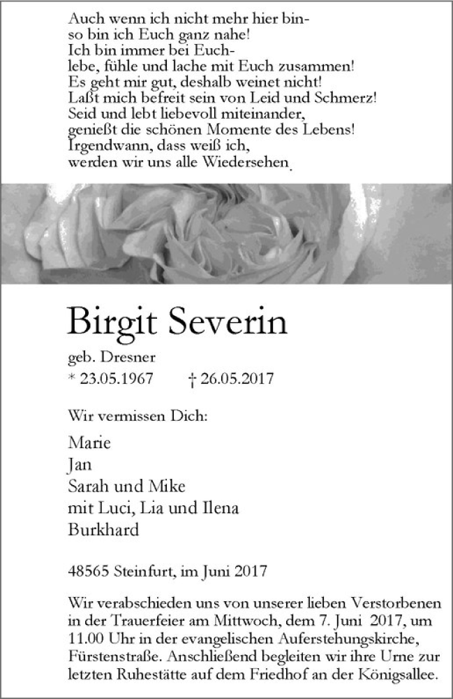  Traueranzeige für Birgit Severin vom 03.06.2017 aus Westfälische Nachrichten