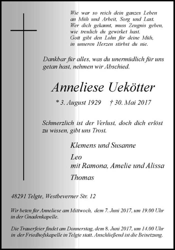  Traueranzeige für Anneliese Uekötter vom 03.06.2017 aus Westfälische Nachrichten
