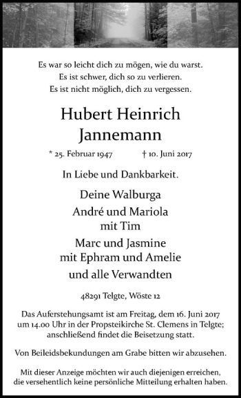 Anzeige von Hubert Heinrich Jannemann von Westfälische Nachrichten