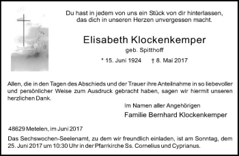 Anzeige von Elisabeth Klockenkemper von Westfälische Nachrichten