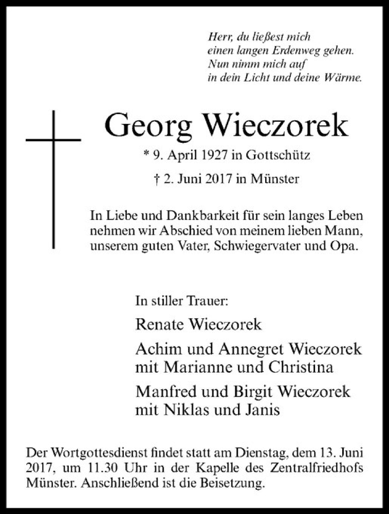  Traueranzeige für Georg Wieczorek vom 09.06.2017 aus Westfälische Nachrichten
