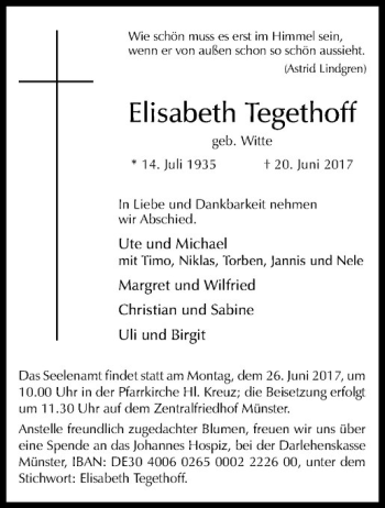 Anzeige von Elisabeth Tegethoff von Westfälische Nachrichten