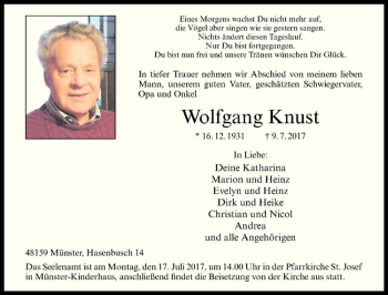 Anzeige von Wolfgang Knust von Westfälische Nachrichten
