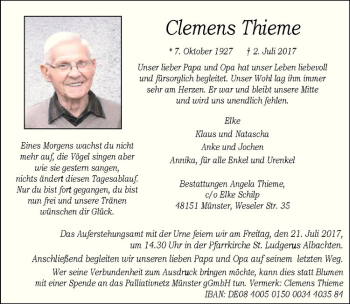 Anzeige von Clemens Thieme von Westfälische Nachrichten