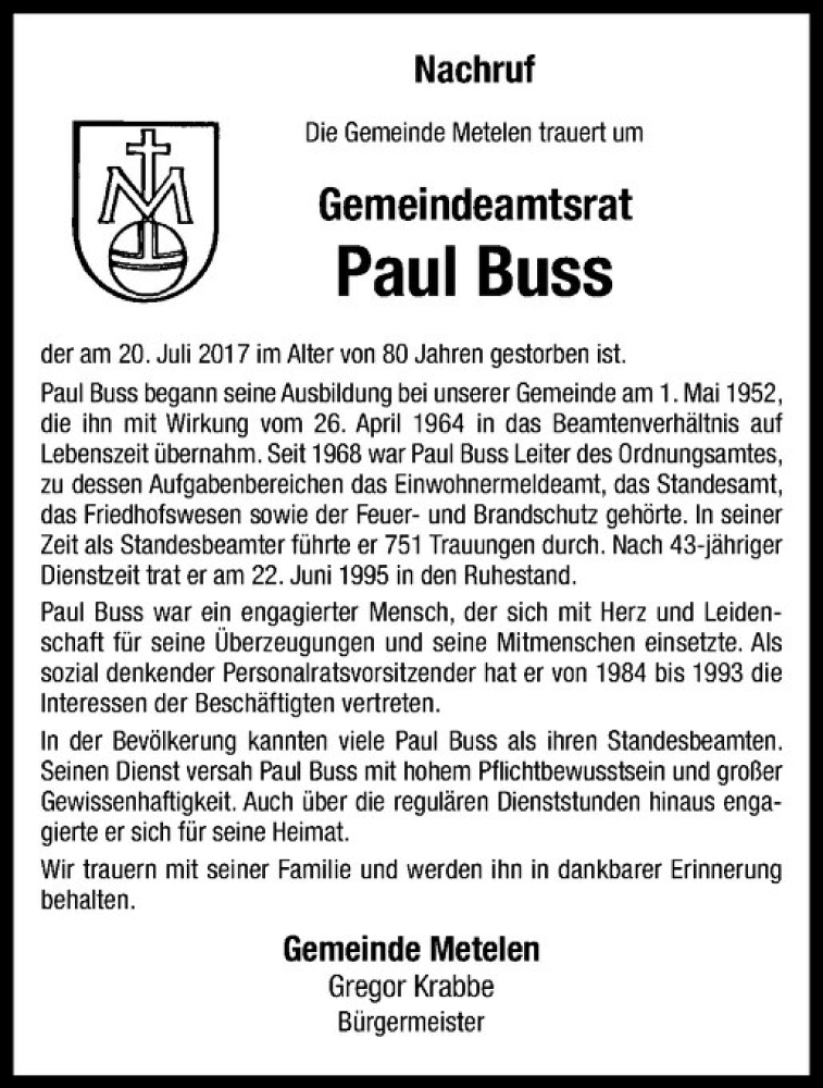  Traueranzeige für Paul Buss vom 26.07.2017 aus Westfälische Nachrichten