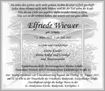 Anzeige von Elfriede Wiewer von Westfälische Nachrichten