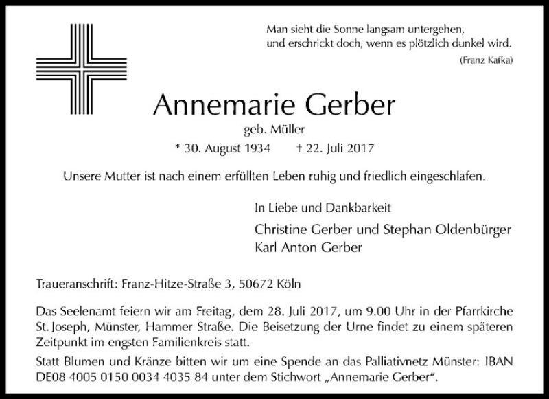 Traueranzeige für Annemarie Gerber vom 26.07.2017 aus Westfälische Nachrichten