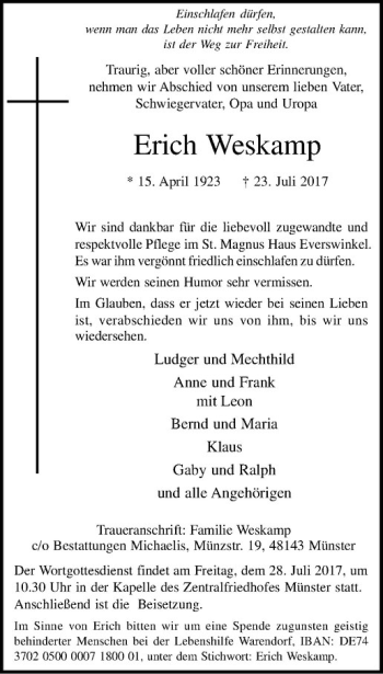 Anzeige von Erich Weskamp von Westfälische Nachrichten