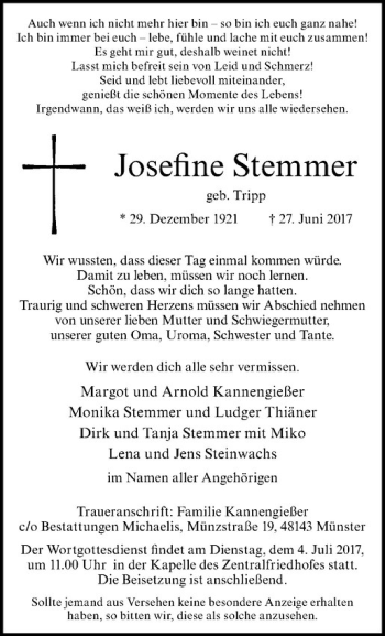 Anzeige von Josefine Stemmer von Westfälische Nachrichten