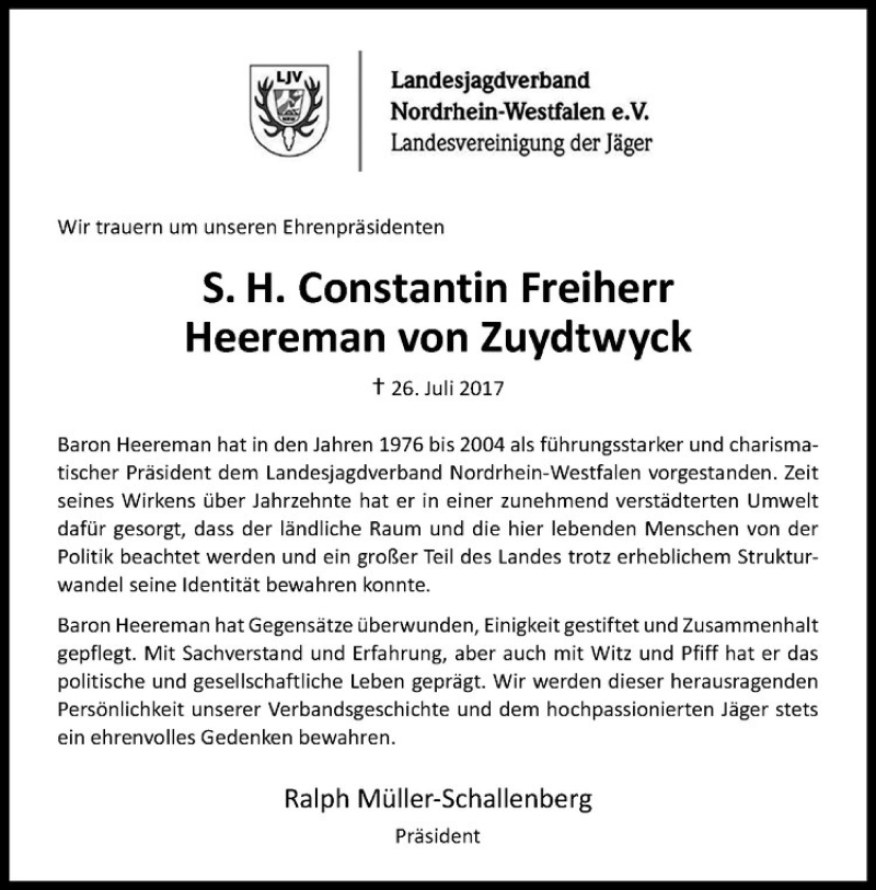  Traueranzeige für Constantin Freiherr Heereman von Zuydtwyck vom 29.07.2017 aus Westfälische Nachrichten