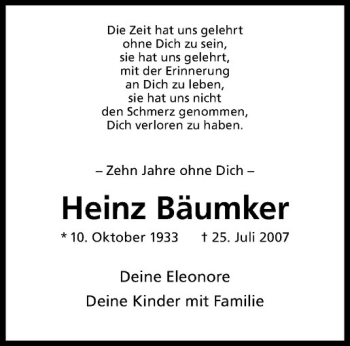Anzeige von Heinz Bäumker von Westfälische Nachrichten