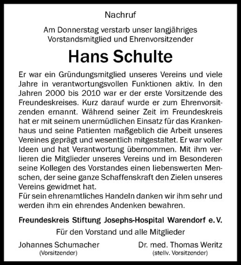 Traueranzeige für Hans Schulte vom 26.07.2017 aus Westfälische Nachrichten