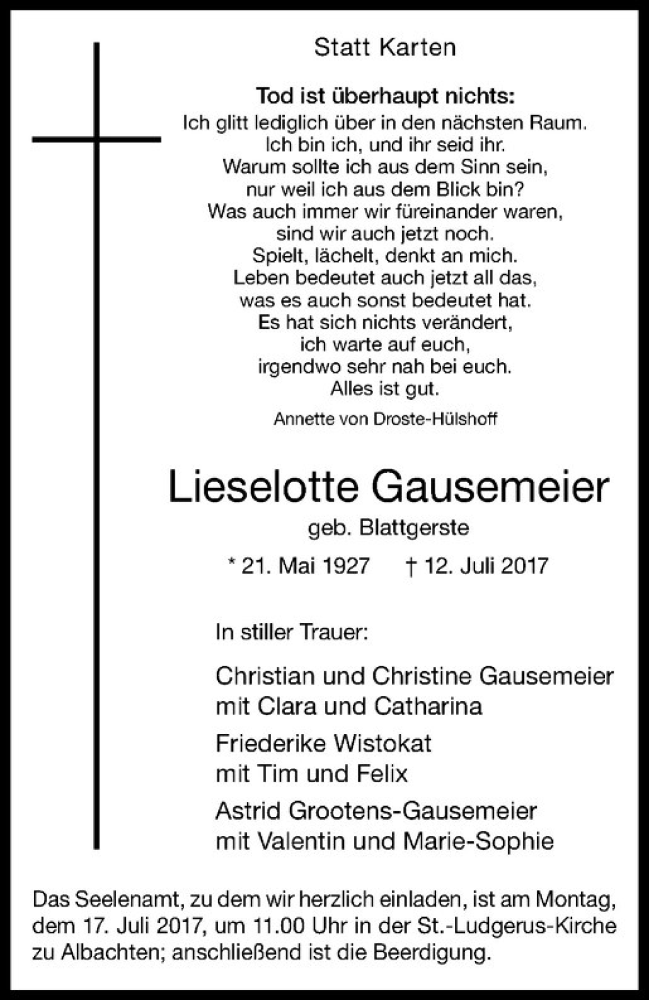  Traueranzeige für Lieselotte Gausemeier vom 15.07.2017 aus Westfälische Nachrichten