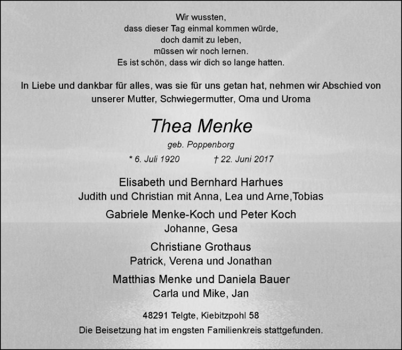  Traueranzeige für Thea Menke vom 01.07.2017 aus Westfälische Nachrichten